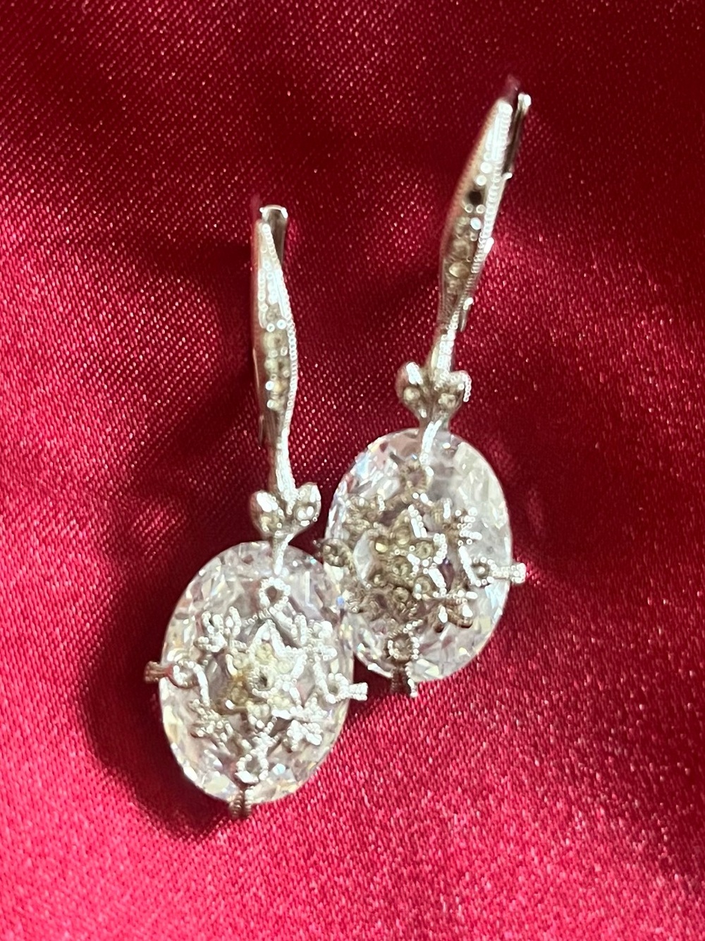 Nadri Vintage Silver Filigree Oval Drop Earrings with Clear Stones